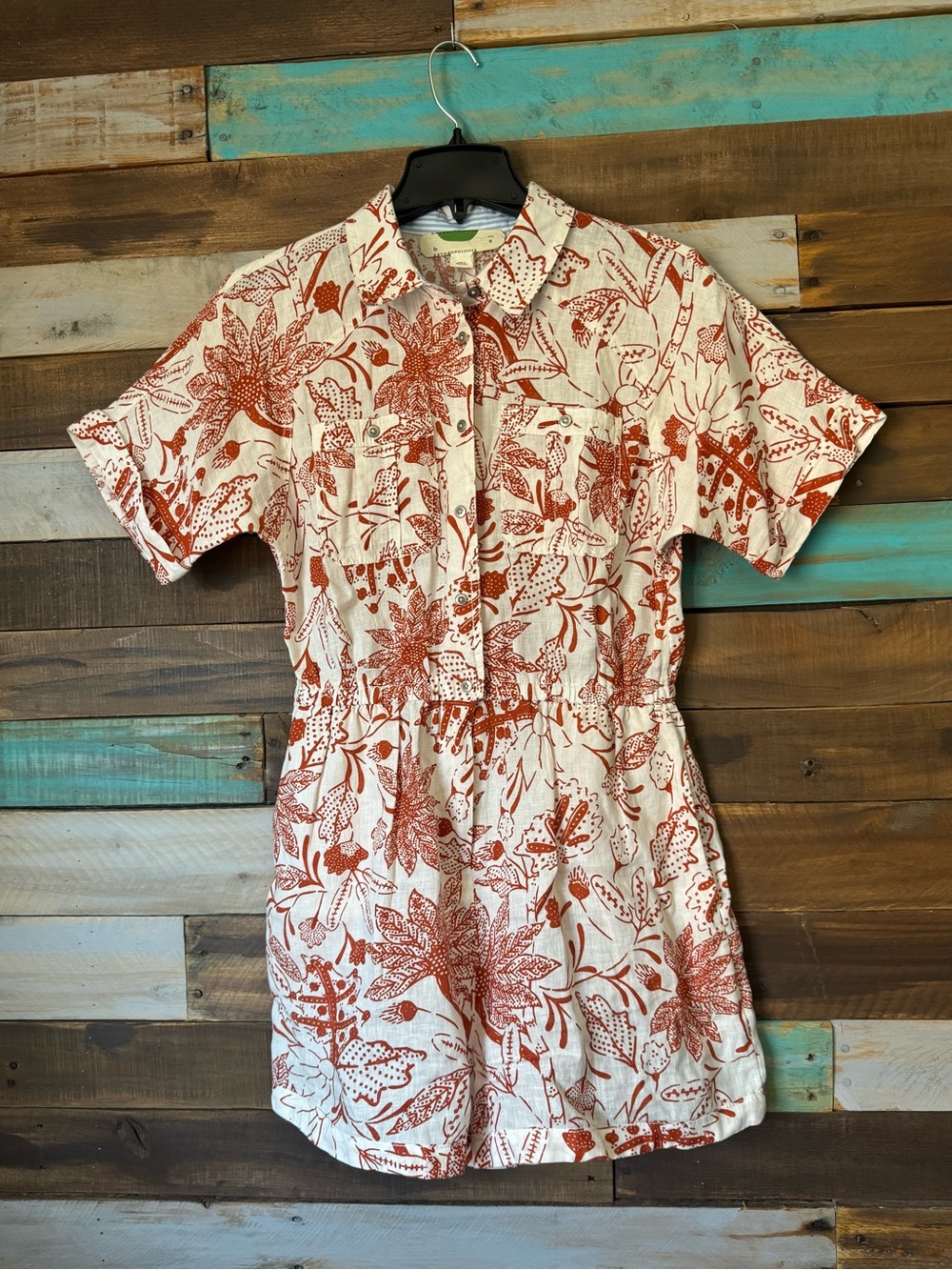 Anthropologie 100% Linen Utility Romper Rust Red Botanical Print | Size S
